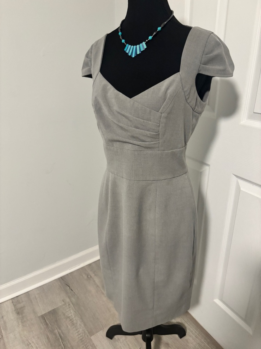 Calvin Klein Gray Sheath Dress Cap Sleeve Pleated Bust Work Office Small